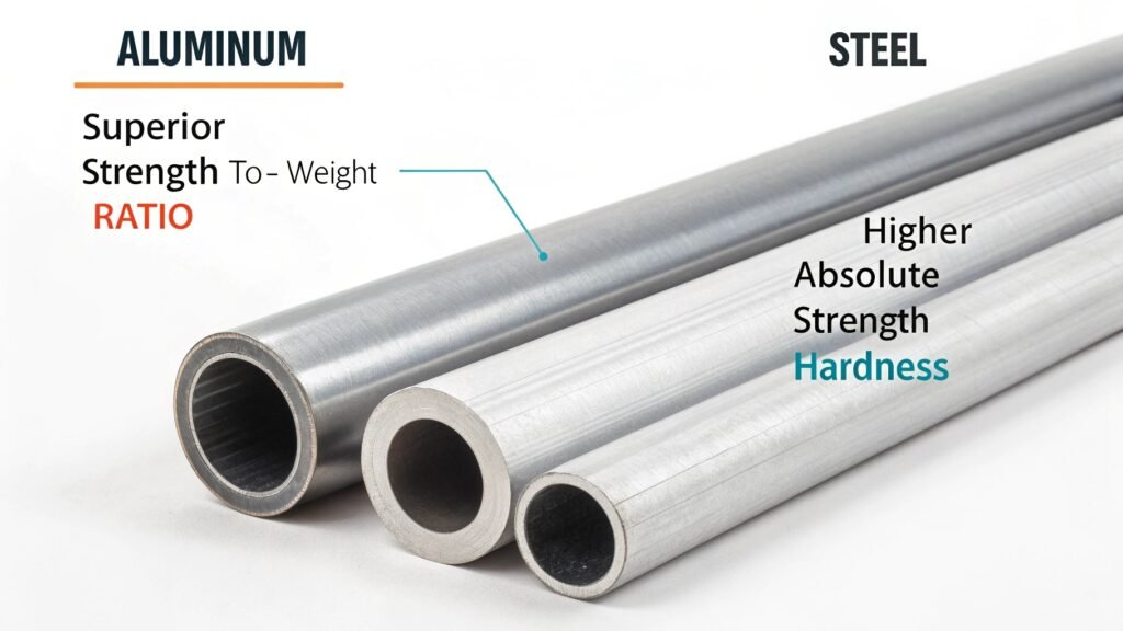 alt text: Graphic comparing strength-to-weight ratio of aluminum and steel